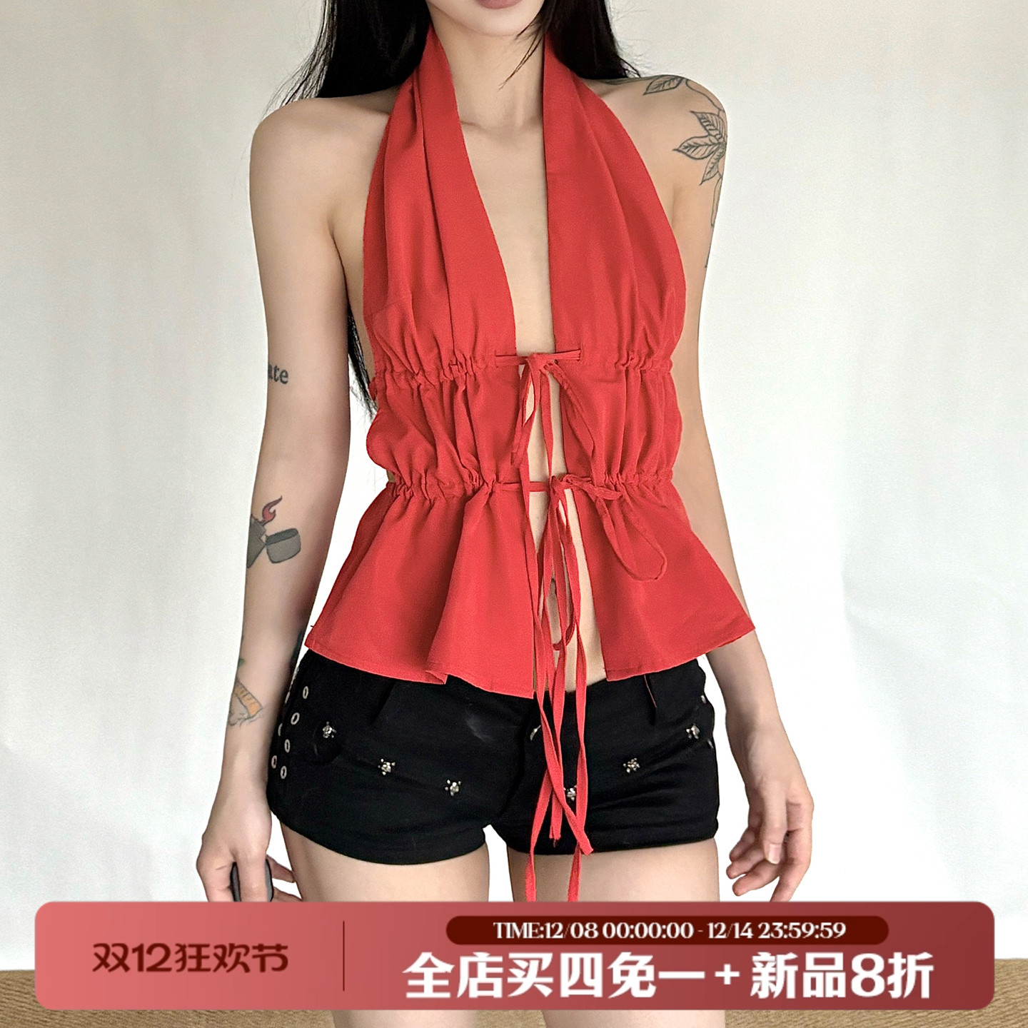 美式镂空绑带挂脖露背橙色短吊带