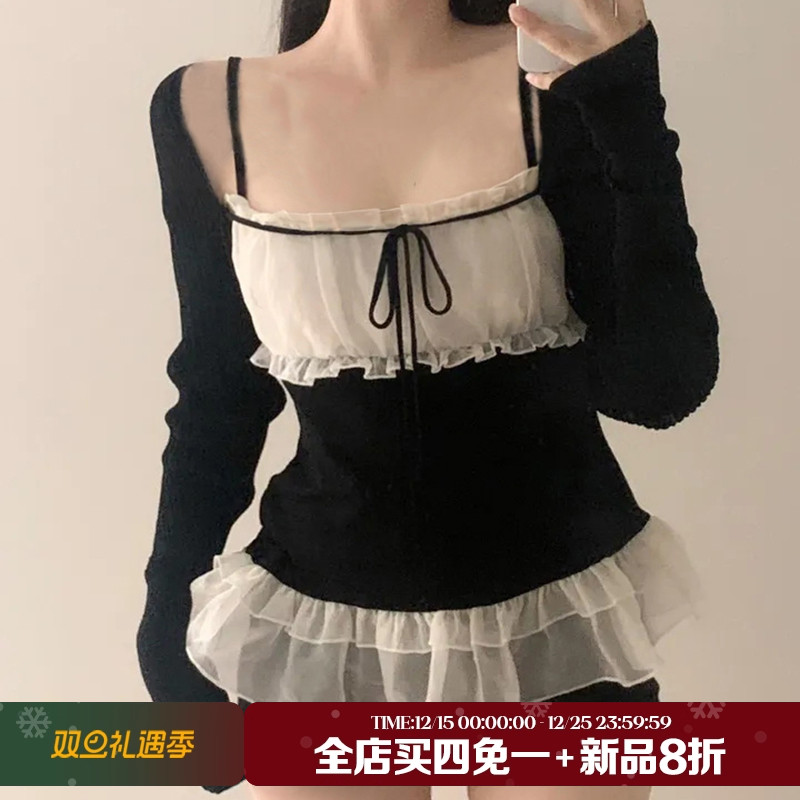 纯欲网纱撞色拼接绑带蝴蝶结吊带