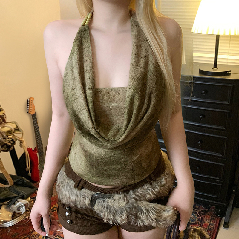 复古绿色系修身挂脖荡领吊带背心