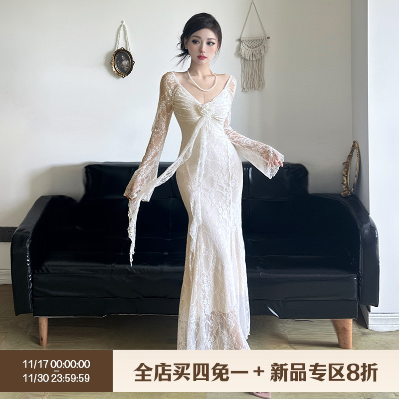 法式纯欲立体玫瑰飘带鱼尾连衣裙