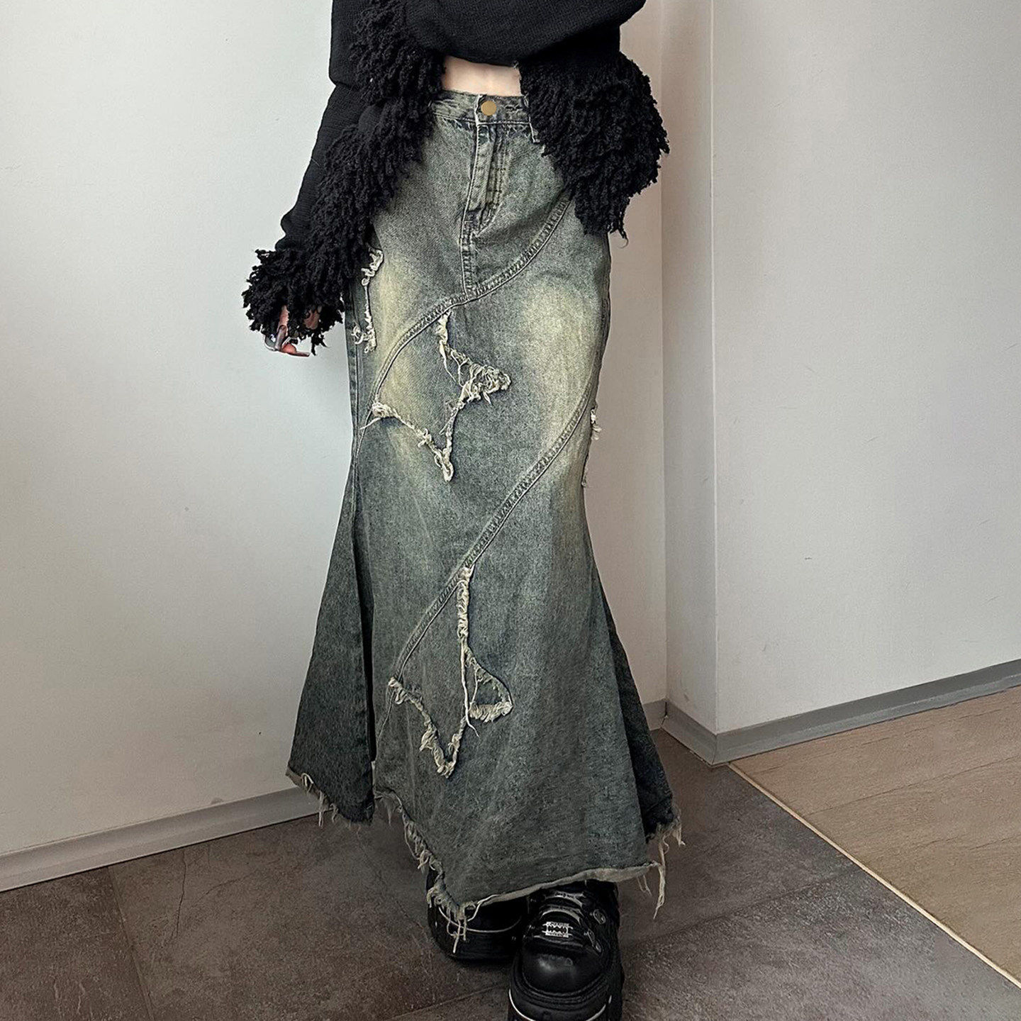 SEEYOULATER 亚文化重工流苏贴布做旧牛仔裙时髦辣妹鱼尾半身裙潮,女装/女士精品,半身裙,淘宝优惠券,粉丝福利购,淘宝优惠卷