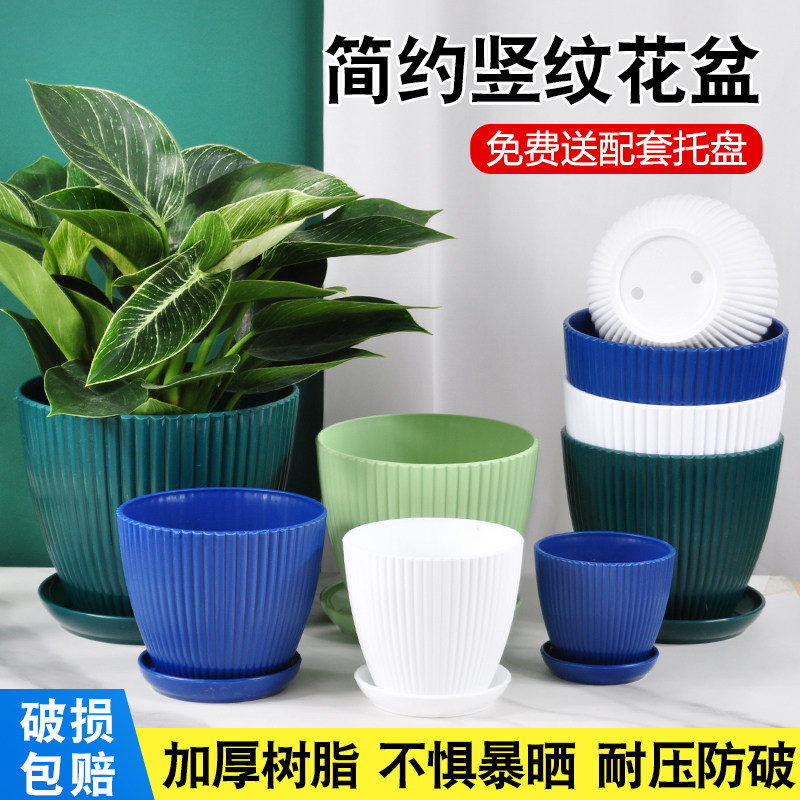多肉花盆竖纹小号树脂塑料带托盘花盆