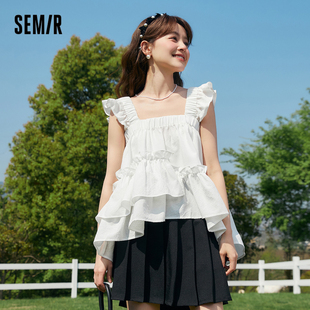 格子吊带娃娃衫 森马衬衫 夏季 木耳边俏皮少女感2023新款 甜美 女短款