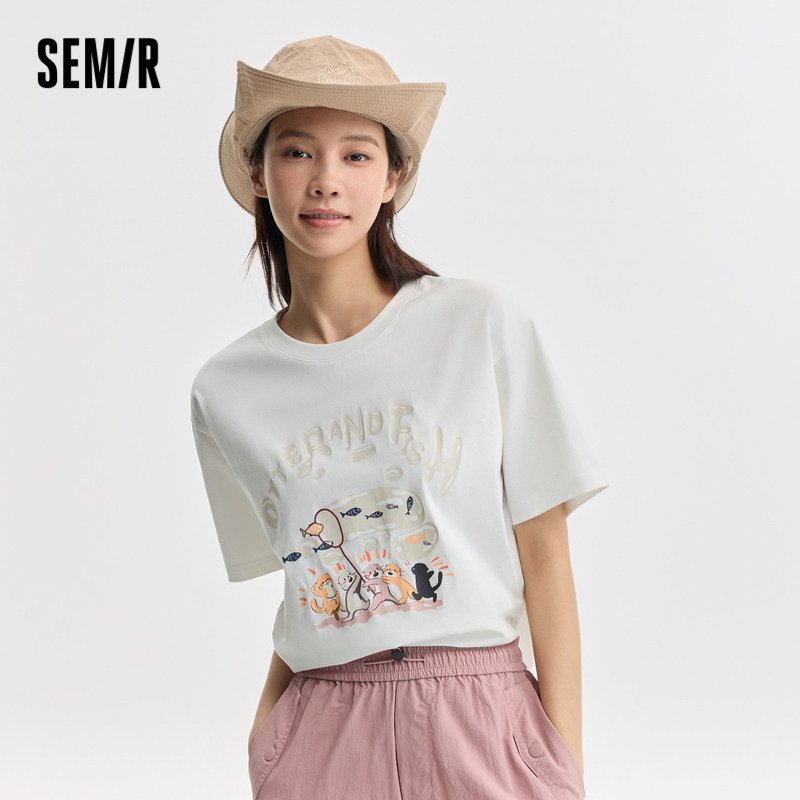 森马短袖T恤女宽松卡通印花俏皮小众2024新款夏季落肩套头衫可爱