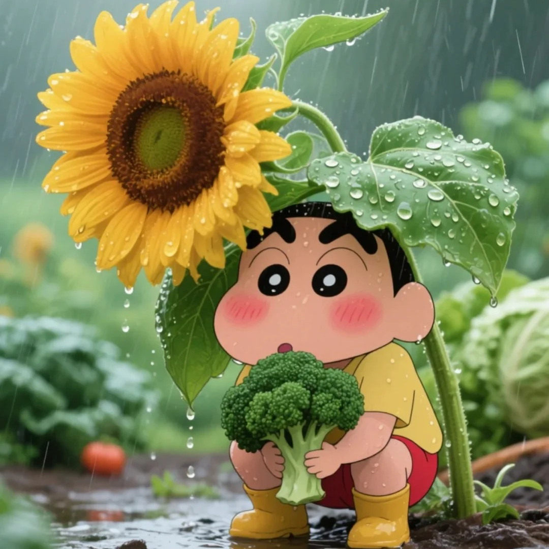 向日葵下躲雨的蜡笔小新贴纸贴画浴室墙面装饰电动摩托遮丑防水图片