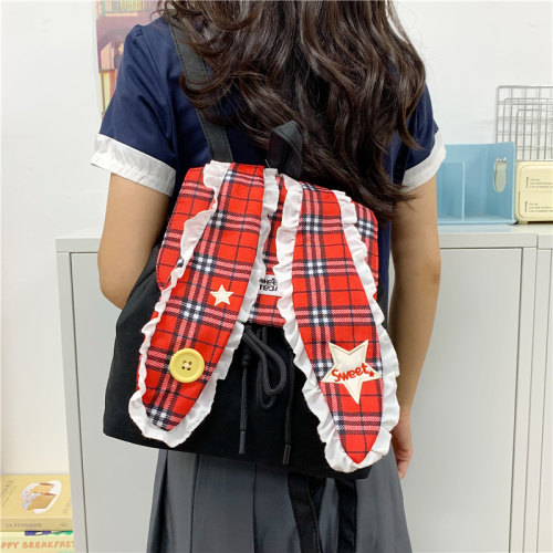 甜美学院格纹兔耳双肩包女