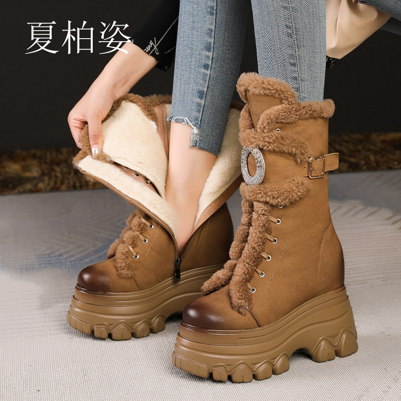 12cm内增高马丁靴女真皮保暖加绒厚底雪地靴防滑小个子大棉中筒靴