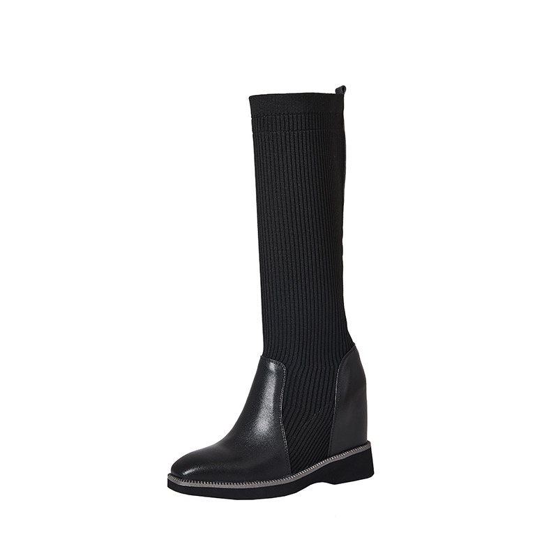 INNER HEIGHT WOMENS SHOES HIGH KNITTED ELASTIC BOOTS WEDGE SOCK BOOTS AUTUMN AND WINTER APRICOT THICK SOLES THIN BOOTS TALL AND THIN