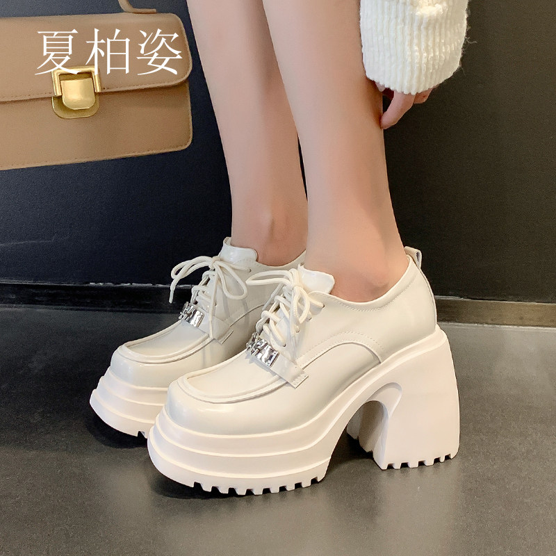松糕厚底女鞋真皮圆头系带单鞋2026新款秋季小个子10cm增高小皮鞋