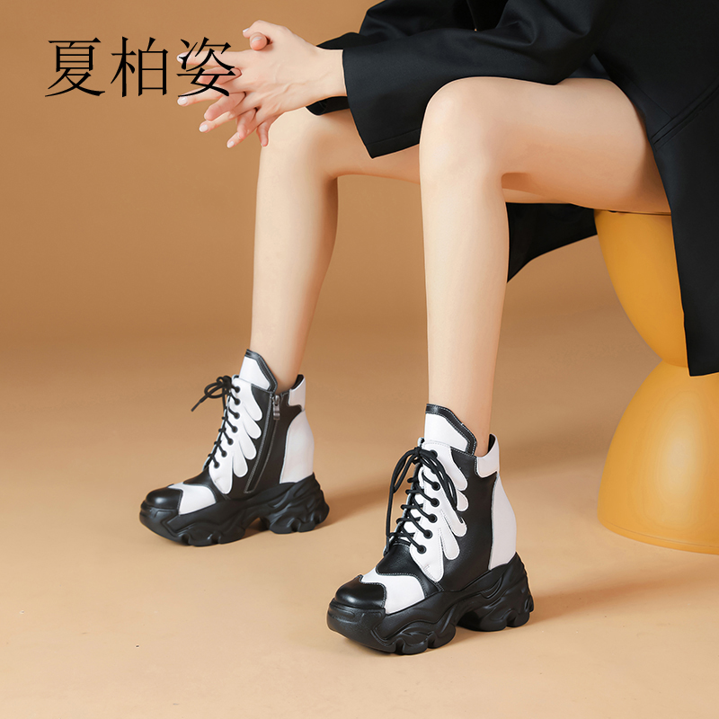 内增高厚底马丁靴拼色系带单靴