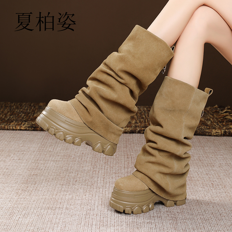 磨砂牛皮裤管靴坡跟夏柏姿复古