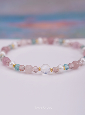 Timee恬觅 花房 天然草莓晶淡水珍珠蓝月光石粉水晶弹力绳手串