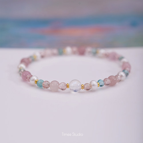 Timee恬觅 花房 天然草莓晶淡水珍珠蓝月光石粉水晶弹力绳手串