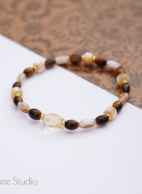 Timee恬觅 枫露 天然虎眼贝壳珠黄水晶弹力绳手链手串