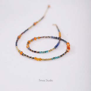 Timee恬觅 山居秋暝 天然黄玉蓝石绿松红玛瑙琉璃米珠项链锁骨链