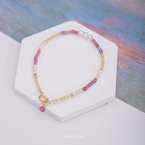 Timee恬觅 夏至 天然碧玺黄水晶淡水珍珠坦桑石14K美包手链礼物