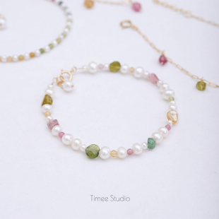 Timee恬觅 天然碧玺淡水珍珠14K美包简约甜美手链手串礼物 蒹葭