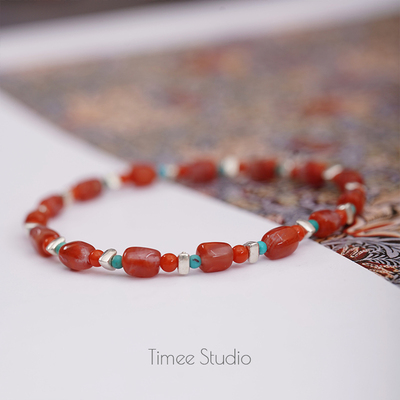 Timee恬觅 随喜 天然南红瓦西料s925银绿松石弹力绳手串手链