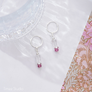 Timee恬觅 天然白水晶粉碧玺S925银耳环耳钉耳饰简约礼物送人 es2