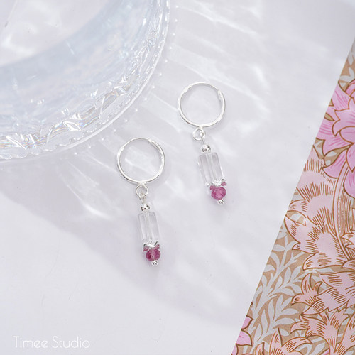 Timee恬觅 es2 天然白水晶粉碧玺S925银耳环耳钉耳饰简约礼物送人
