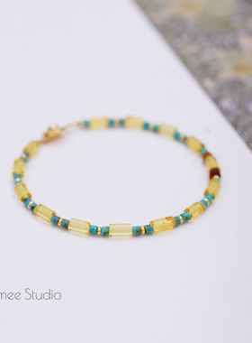 Timee恬觅 夕照 天然绿松琥珀虎眼石镀金按扣手链手串送人礼物