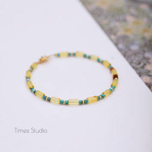 Timee恬觅 天然绿松琥珀虎眼石镀金按扣手链手串送人礼物 夕照