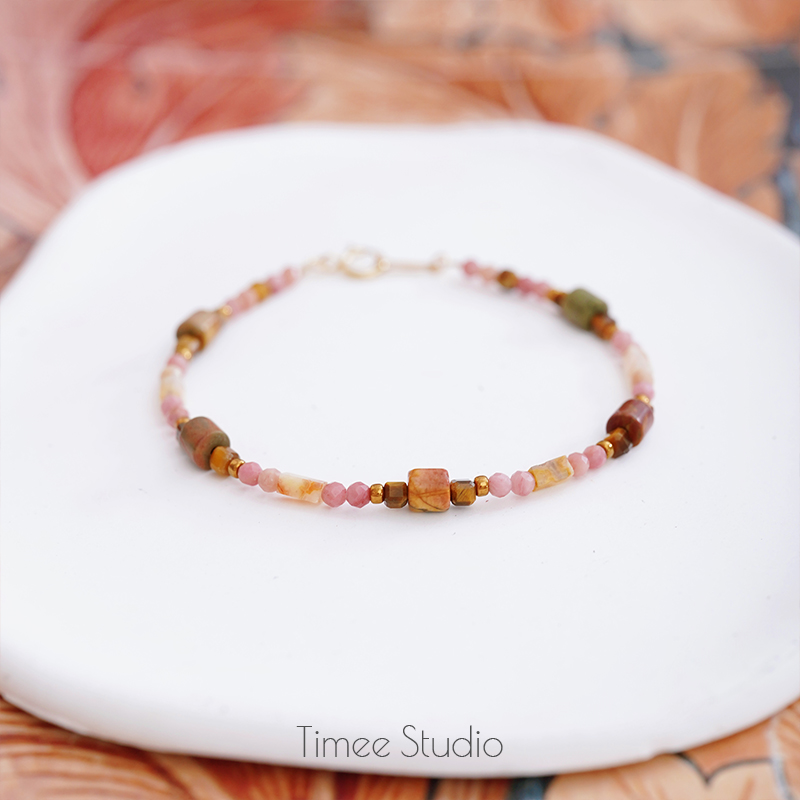 Timee恬觅 黄昏晓 天然蔷薇辉玛瑙虎眼毕加索石手链礼物送人