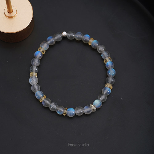 Timee恬觅 浮生 天然灰月光石黄水晶925银弹力绳手串手链送人礼物