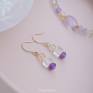 Timee恬觅 天然紫水晶黄水晶白水晶14K美包耳钉耳钩礼物送人 es1