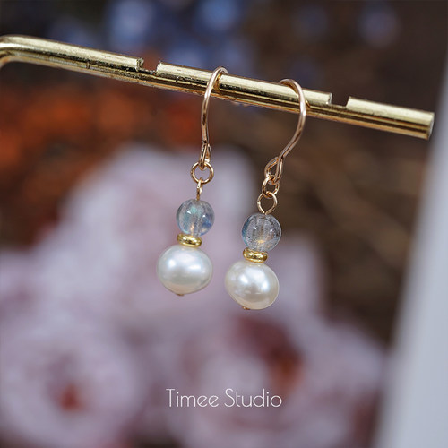 Timee恬觅 es10 天然灰月光石淡水珍珠14K美包百搭耳钩耳饰耳钉