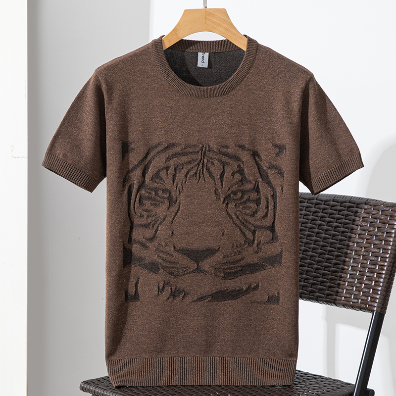 半袖针织衫男灰色休闲修身2025年秋冬季新款提花图案毛线短袖圆领