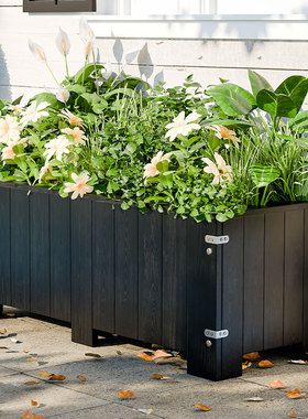 防腐木花箱户外庭院子木质黑色花盆室外长方形露台花园木制种植箱