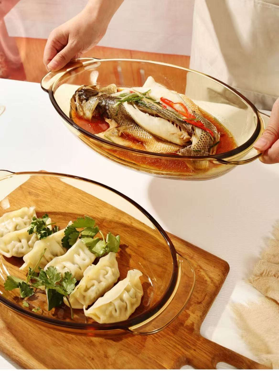 琥珀色烤盘蒸鱼烤鱼专用耐热玻璃器皿家用双耳鱼盘蒸鱼盘子鱼碟