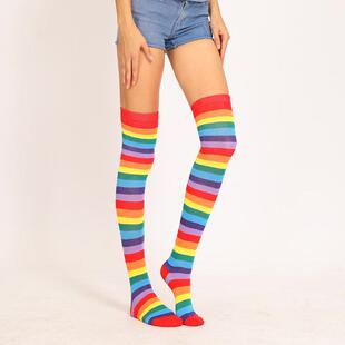 Red Colorful Socks Rainbow Striped Long Over-the-Knee Socks