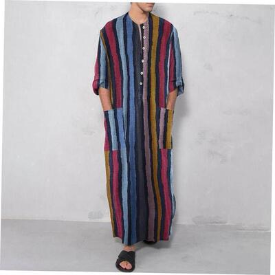Button Stripes Print Shirt Men Muslim Robes 男士条纹长袍衬衫
