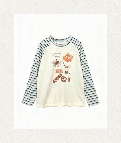 小田直播间~韩系休闲插肩袖甜品印花条纹长袖T恤女秋季6322#