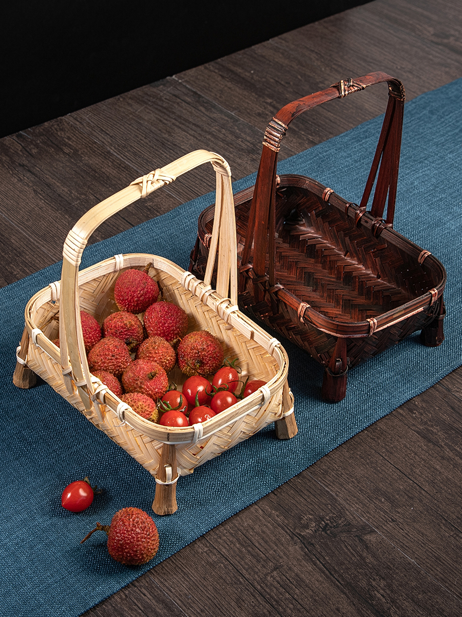 竹编手提篮复古编织篮子桌面创意手工小竹篮家用茶点水果糕点托盘