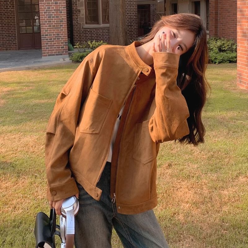 美拉德棕色夹克外套女麂皮绒春秋新款韩版宽松休闲百搭立领上衣潮