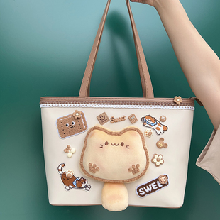 IOIAI猫の下午茶设计风皮质手提包女大容量通勤高级感托特单肩包