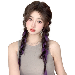 挂耳染紫色假发片挑染彩色编麻花辫双马尾儿童演唱会漂染紫色发片