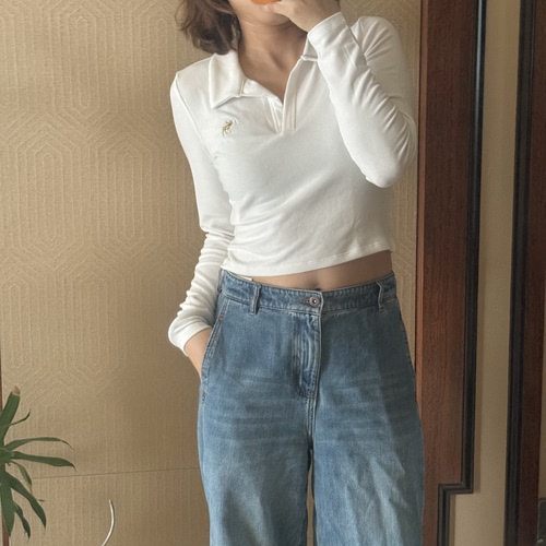 Af小鹿美式复古长袖T恤女修身显瘦打底衫辣妹polo上衣