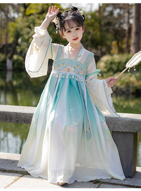 汉服女童儒裙蓝色渐变珍珠腰链超仙连衣裙大袖唐装古风纱袖夏薄款