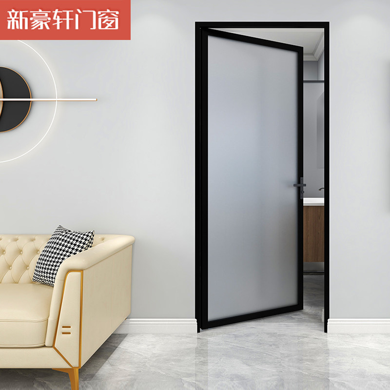 新豪轩门窗45窄边平开门铝合金室内隔断隔音玻璃门卫生间门夜阑黑