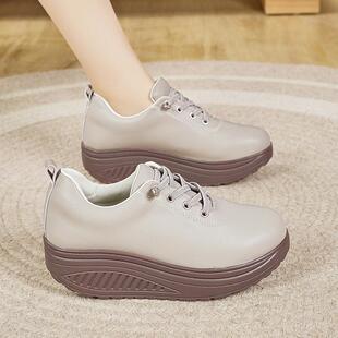 2026新款秋季松糕鞋真皮舒适百搭厚跟松紧带软底低帮妈妈休闲女鞋