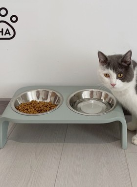 HomeAire猫碗斜口保护颈椎不锈钢防打翻防黑下巴实木狗碗食盆宠物