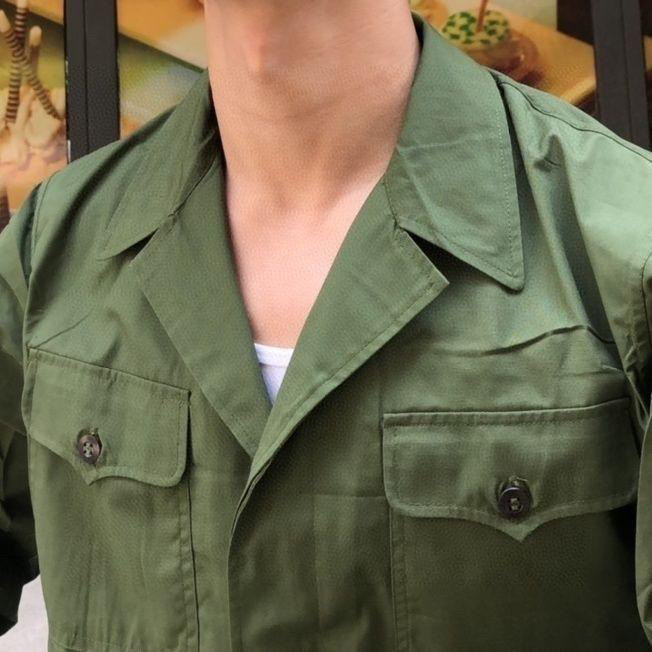全新老式87年黄的确良布料夹克套装加补丁夏裤工作服男装老款套装
