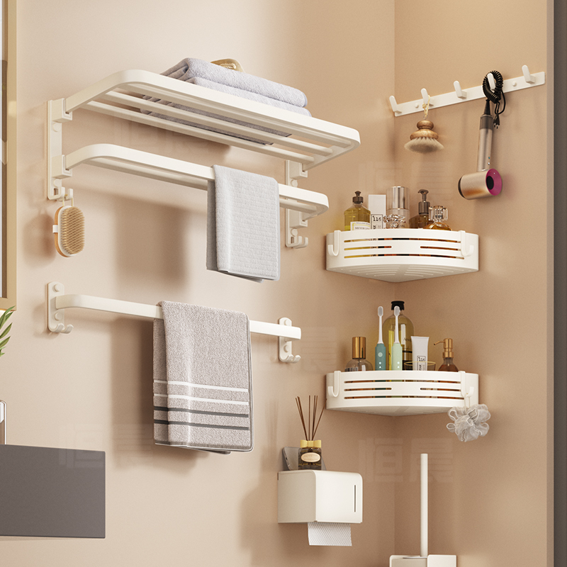 奶油风毛巾架免打孔浴室浴巾置物