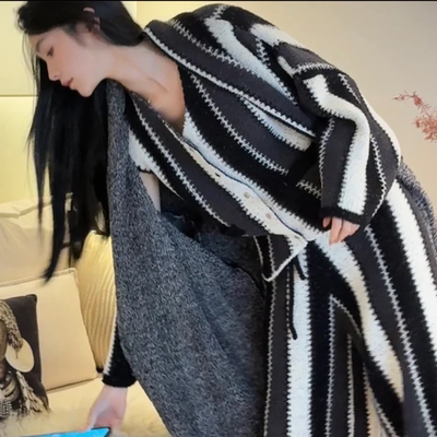 流苏条纹半边绒珊瑚绒睡衣女秋冬