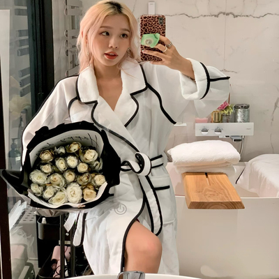 白色小香风纯棉睡衣睡袍女男浴袍