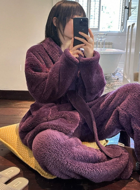 紫色珊瑚绒睡衣女款2025新款冬季高级感可外穿加绒加厚套装家居服